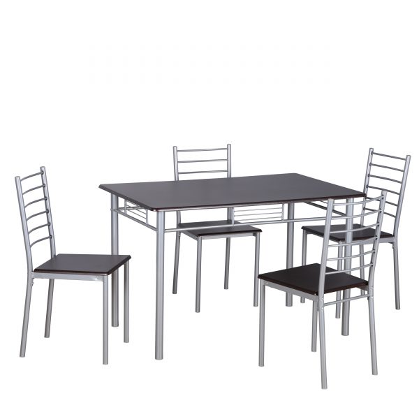 De tafel en stoelen hebben een zilverkleurig metalen frame en het tafelblad en zitting van de stoel zijn in een moderne donker wengekleurige  uitvoering. De tafel is 120x75x76cm h. De stoelen zijn 40x45