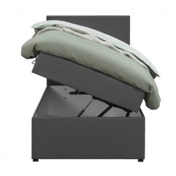 Boxcombinatie Varena is een comfortabel bed met opbergfunctie. De boxcombinatie heeft een afmeting van 90x200 cm en is bekleed met de donkergrijze leatherlook bekleding.