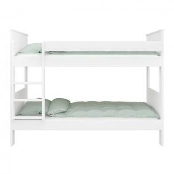 Stapelbed Alba is wit en heeft een afmeting van 90x200 cm. Dit bed is gemaakt van MDF en heeft een robuuste look.
