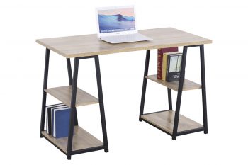 Dit handige bureau is gemakkelijk in elke ruimte te plaatsen en heeft aan beide zijden 2 legplanken voor het opbergen van al je spullen. Het werkblad is 120 cm breed en 60 cm diep. Het bureau heeft een zwarte metalen onderstel en een MDF werkblad.