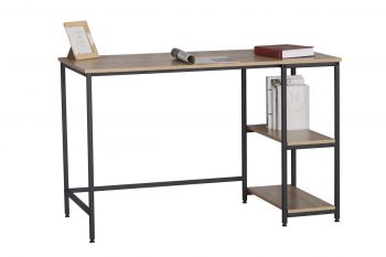 Dit handige bureau is gemakkelijk in elke ruimte te plaatsen en heeft aan de rechterzijde 2 legplanken voor het opbergen van al je spullen. Het werkblad is 120 cm breed en 60 cm diep. Het bureau heeft een zwarte metalen onderstel en een MDF werkblad.