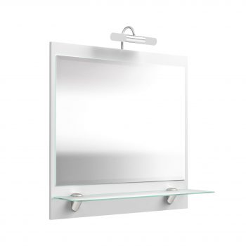 Door zijn platte design is deze spiegel een goed alternatief voor de conventionele spiegelkast. Om je spullen kwijt te kunnen is er een mat glazen plank aanwezig. Voor goed licht is er een chroomkleurige ledlamp op de spiegel gemonteerd van 2x 2
