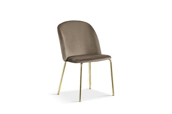 Deze moderne comfortabele stoel is bekleed met een zachte velours stof. Door zijn ronde afwerking in combinatie met de gouden poten een echte eyecatcher! De stoel heeft een zithoogte van 46 cm en een zitdiepte van 45 cm. Verkrijgbaar in meerdere kleuren.