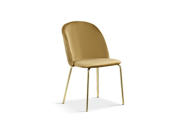 Deze moderne comfortabele stoel is bekleed met een zachte velours stof. Door zijn ronde afwerking in combinatie met de gouden poten een echte eyecatcher! De stoel heeft een zithoogte van 46 cm en een zitdiepte van 45 cm. Verkrijgbaar in meerdere kleuren.