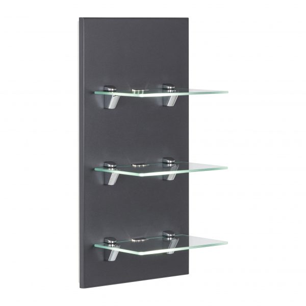 Op dit stijlvolle wandpaneel uit de Ivar-serie zijn drie glasplaten bevestigd waarop u uw spullen kunt opbergen in de badkamer en is inclusief LED-verlichting. Het wandpaneel is 35cm breed